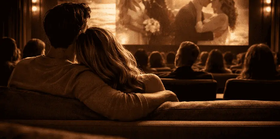 Pareja viendo su historia de amor proyectada experiencia ARKIYA regalo simbólico audiovisual personalizado