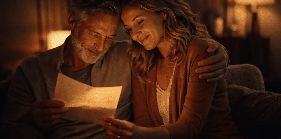 Pareja leyendo carta personalizada regalo simbólico ARKIYA experiencia emocional legado de pareja